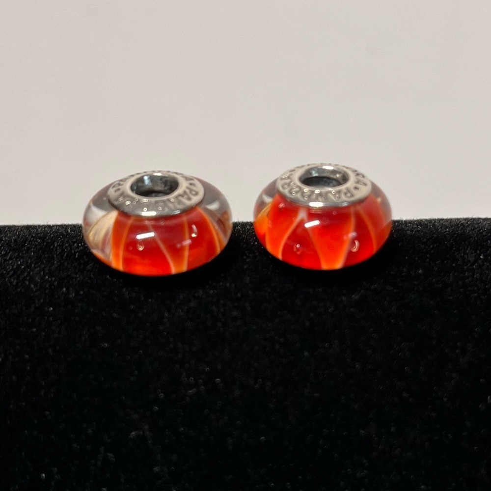 PANDORA Sterling Silver and Murano Red Glass Charms. Set of two.
